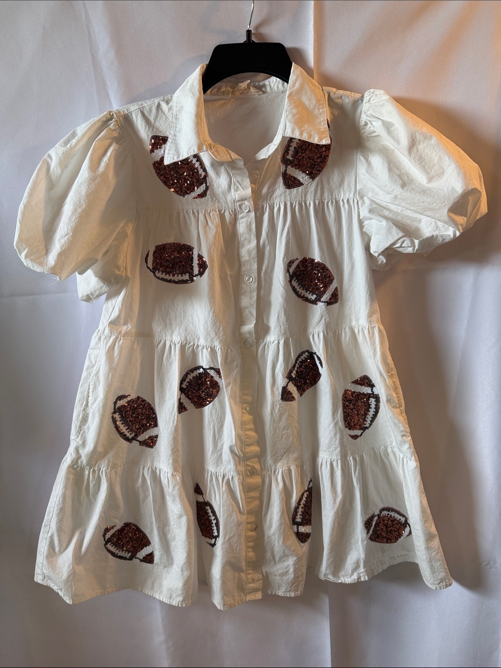 Women’s White Button-Front Dress Top with Brown Sequin Footballs
